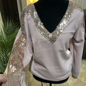 CBR Pink and Gold Sequin V-Neck Sweater